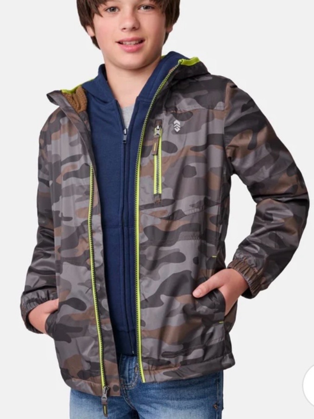 Free Country Brisk Walk Windshear Jacket Boys size M 10/12 NWT Bark Camo